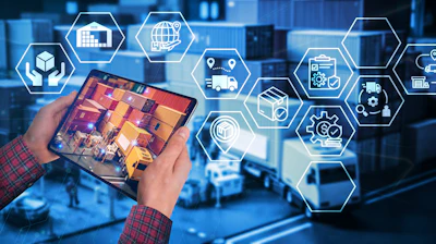 Person holding tablet showing warehouse logistics with hexagonal supply chain icons representing inventory, shipping, and analytics operations