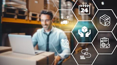 Man working on laptop in warehouse with supply chain logistics icons representing delivery, tracking, and quality management