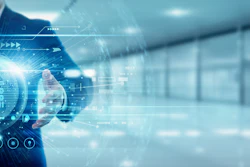 Businessman displaying digital technology interface with data visualization and network connections
