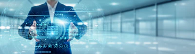 Businessman displaying digital technology interface with data visualization and network connections