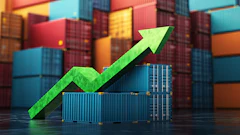 Green upward arrow overlaying stacked shipping containers representing business growth and logistics expansion
