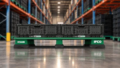 IFCO green plastic pallet with server equipment in warehouse with orange racking