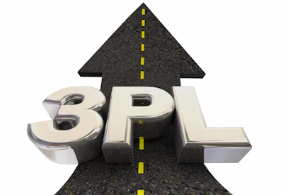 3PL growth concept with upward arrow on asphalt road marked with yellow center line