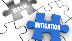 Gray and blue puzzle pieces with 'Risk' and 'Mitigation' text representing business risk management concept