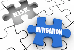 Gray and blue puzzle pieces with 'Risk' and 'Mitigation' text representing business risk management concept