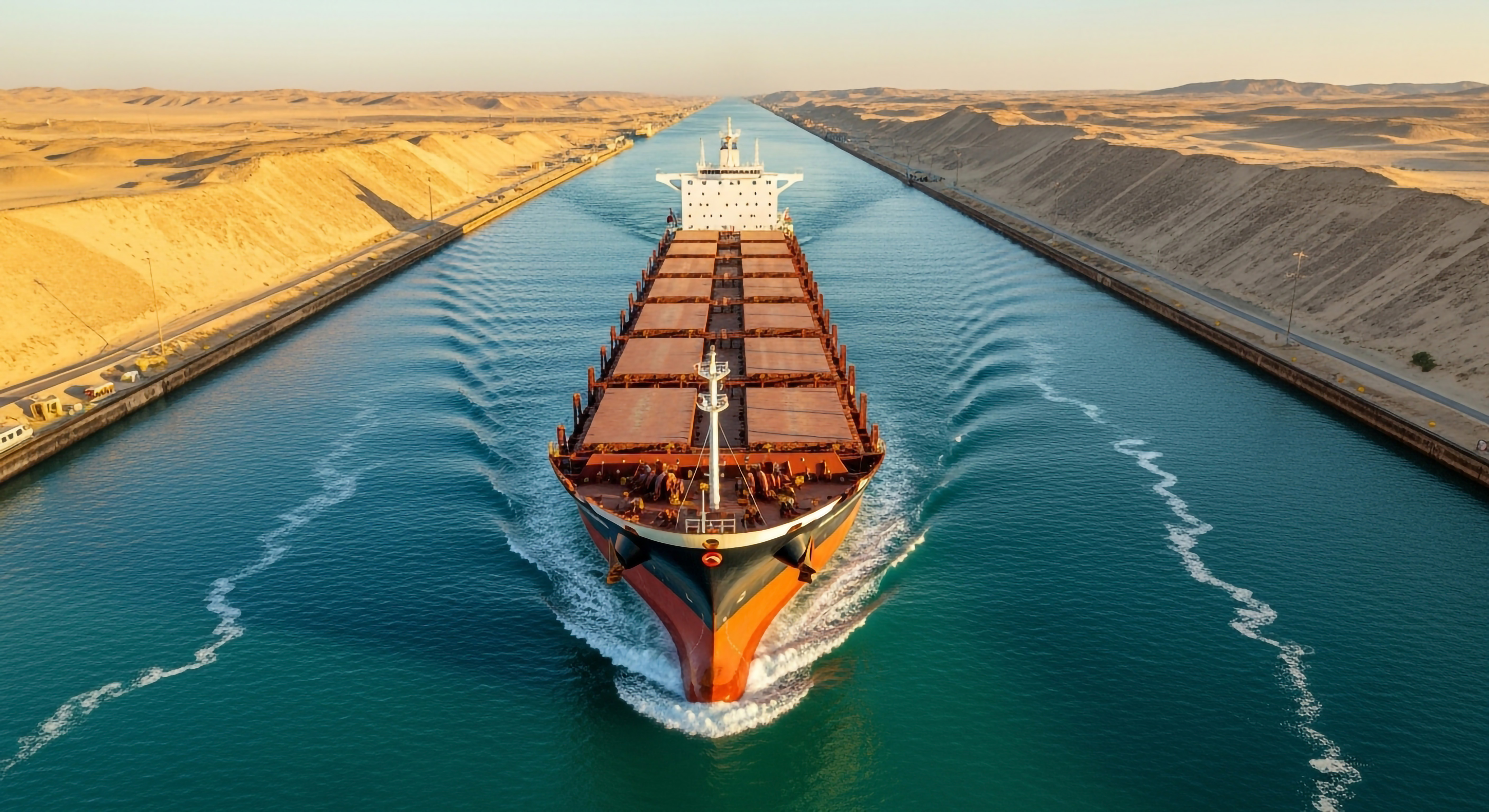 Large red and black cargo ship navigating through the Suez Canal with sandy desert banks on both sides
