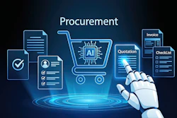 AI-powered procurement workflow illustration showing shopping cart, invoice, quotation, and checklist icons with robotic hand interaction