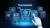 AI-powered procurement workflow with shopping cart, documents, invoice checklist, and robotic hand interaction
