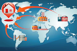 Global supply chain network showing shipping routes and warehouses connecting continents on a world map