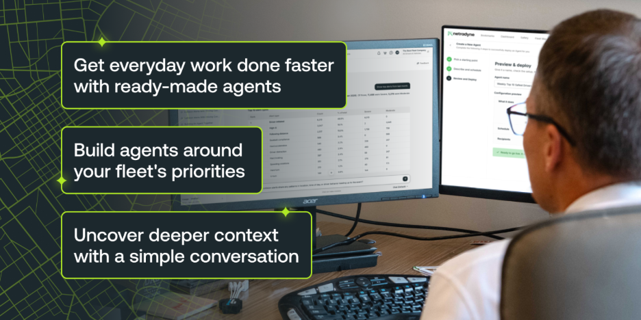 Professional using dual monitors to manage fleet operations with AI-powered agents for business workflow optimization