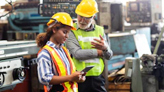 Two industrial workers in safety gear reviewing information on tablet in manufacturing facility