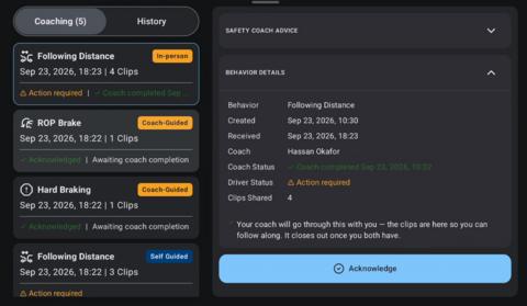 Coaching app interface showing following distance training session with action required status and behavioral details panel.