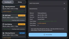 Coaching app interface showing following distance training session with action required status and behavioral details panel.
