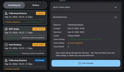 Coaching app interface showing following distance training session with action required status and behavioral details panel.