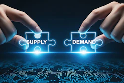 Two hands connecting neon blue puzzle pieces labeled supply and demand over a glowing circuit board background