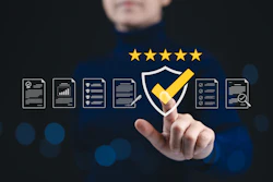 Professional quality assurance concept with five-star rating, shield checkmark, and business document icons representing certification and customer satisfaction
