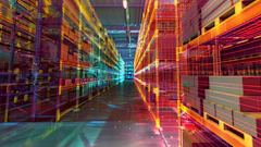Futuristic data center corridor with glowing neon grid patterns in orange, red, and cyan lights