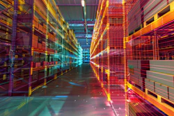 Futuristic data center corridor with glowing neon grid patterns in orange, red, and cyan lights