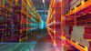 Futuristic data center corridor with glowing neon grid patterns in orange, red, and cyan lights