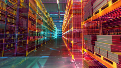 Futuristic data center corridor with glowing neon grid patterns in orange, red, and cyan lights