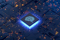 Glowing AI chip on illuminated circuit board with orange and blue light effects