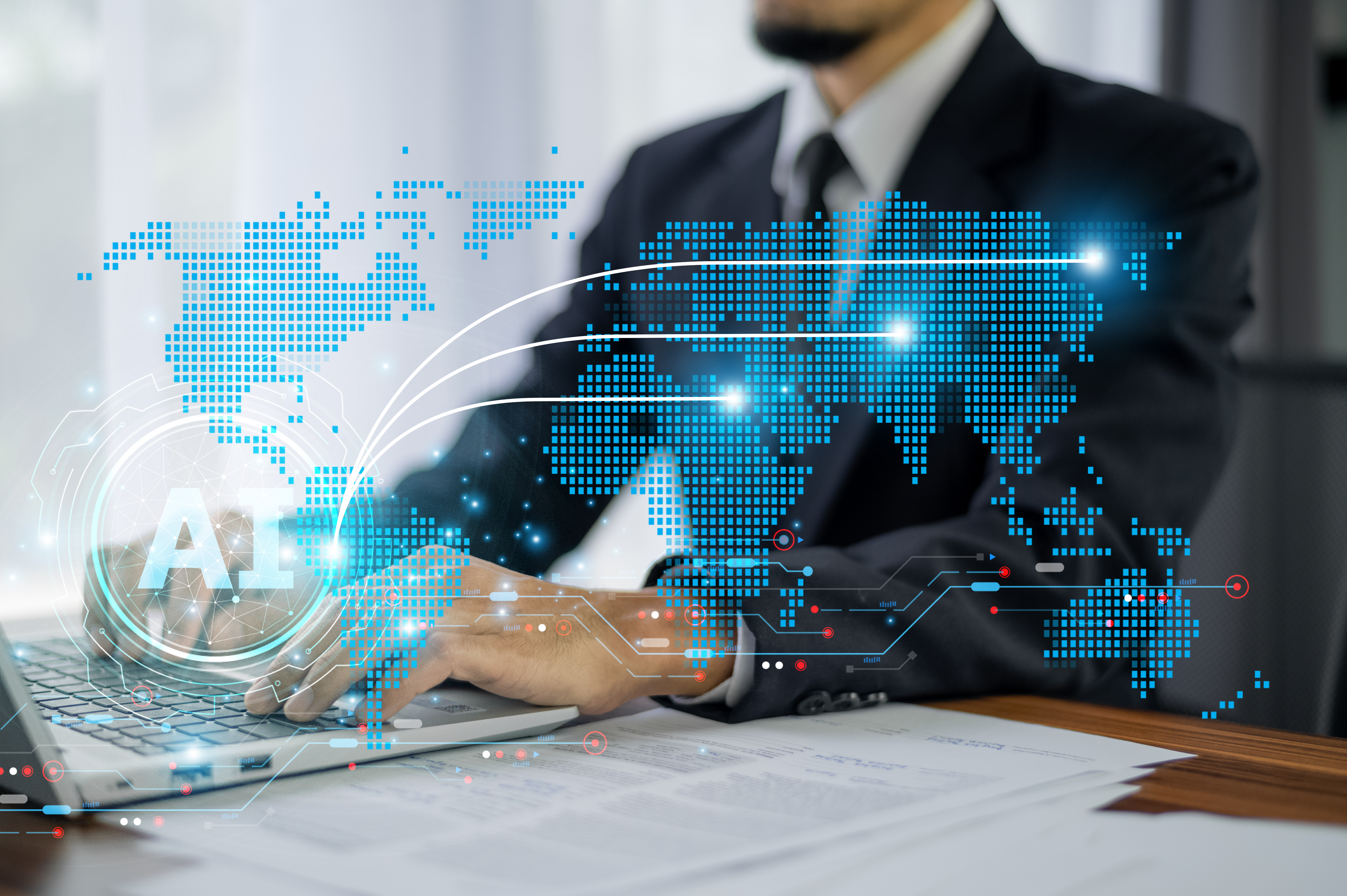 Businessman using laptop with AI technology visualization, digital world map, and data network connections