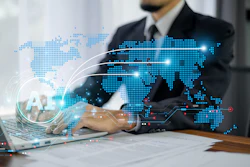 Businessman using laptop with AI technology visualization, digital world map, and data network connections