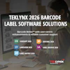 TEKLYNX 2026 barcode label software solutions featuring CODESOFT, SENTINEL, LABELVIEW, LABEL ARCHIVE, and LABEL MATRIX products with user working at computer
