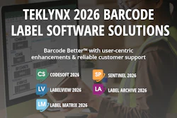 TEKLYNX 2026 barcode label software solutions featuring CODESOFT, SENTINEL, LABELVIEW, LABEL ARCHIVE, and LABEL MATRIX products with user working at computer