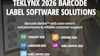 TEKLYNX 2026 barcode label software solutions featuring CODESOFT, SENTINEL, LABELVIEW, LABEL ARCHIVE, and LABEL MATRIX products with user working at computer