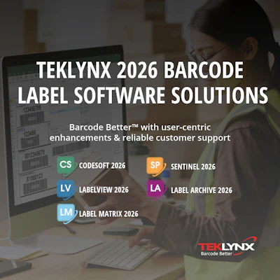TEKLYNX 2026 barcode label software solutions featuring CODESOFT, SENTINEL, LABELVIEW, LABEL ARCHIVE, and LABEL MATRIX products with user working at computer