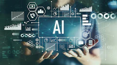 AI technology concept with data analytics charts, graphs, and digital icons displayed on a holographic interface with hands interacting