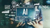 AI technology concept with data analytics charts, graphs, and digital icons displayed on a holographic interface with hands interacting