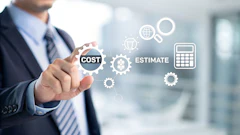 Business professional touching digital cost estimate interface with calculator and gear icons