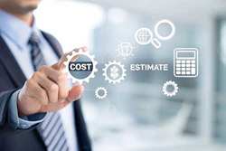 Business professional touching digital cost estimate interface with calculator and gear icons