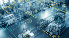 Smart factory floor with augmented reality monitoring system overlaying machinery and equipment
