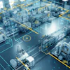 Smart factory floor with augmented reality monitoring system overlaying machinery and equipment
