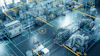 Smart factory floor with augmented reality monitoring system overlaying machinery and equipment
