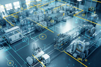 Smart factory floor with augmented reality monitoring system overlaying machinery and equipment