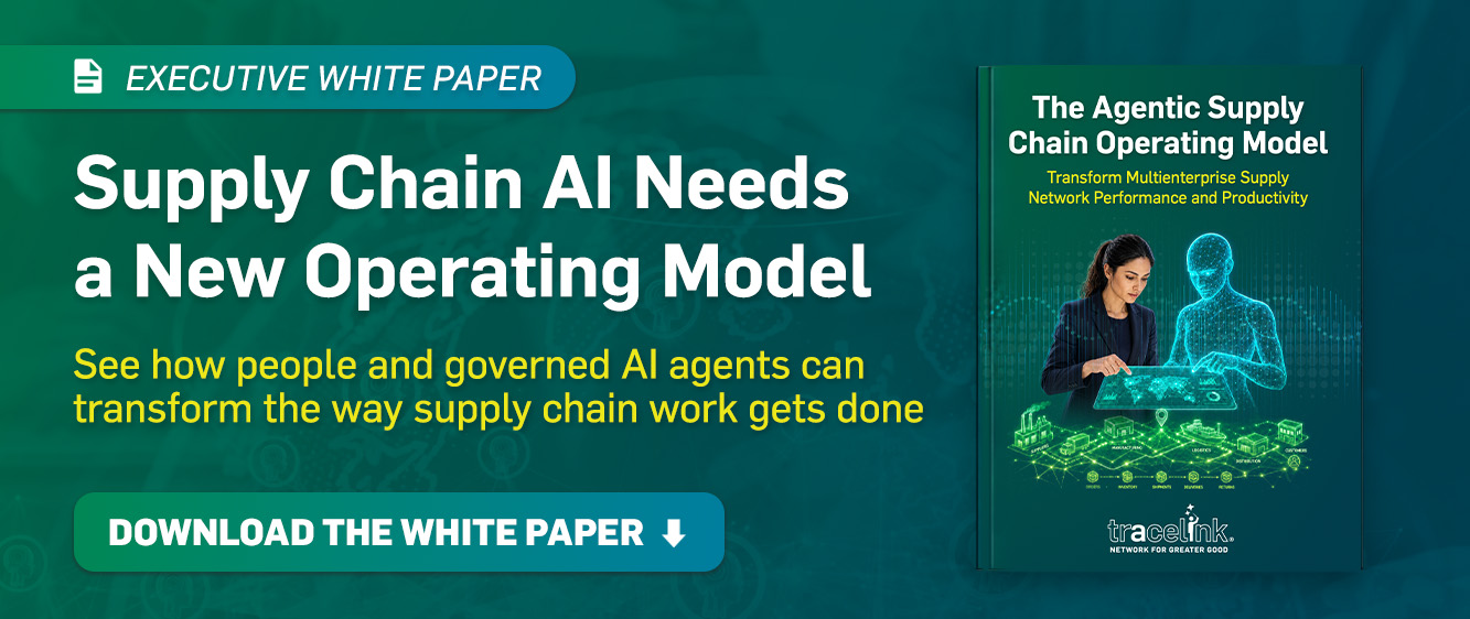 Executive white paper on supply chain AI operating model with download button and Agentic Supply Chain Operating Model product cover