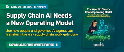 Executive white paper on supply chain AI operating model with download button and Agentic Supply Chain Operating Model product cover